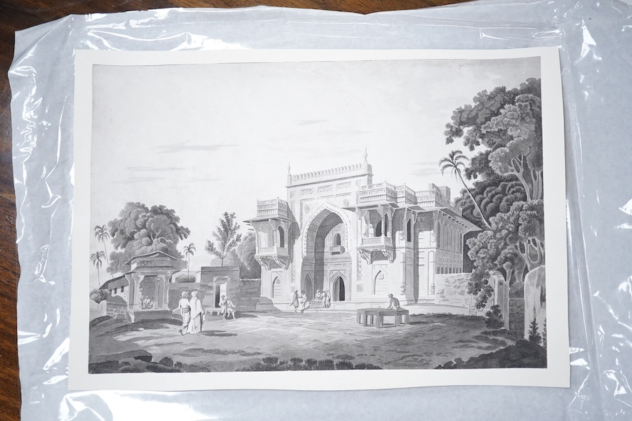 Manner of William Daniell RA (1769–1837), monochrome watercolour, Indian temple, 31 x 44.5cm. Condition - good